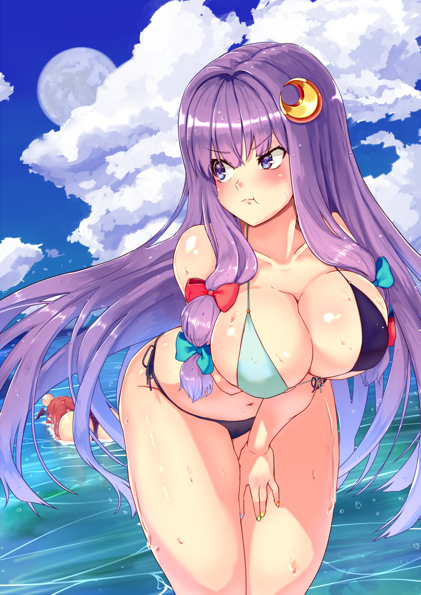 2girls, :t, absurdres, ass, bangs, bare_shoulders, bikini, black_bikini, blue_bow, blue_sky, blush, bow, breasts, clouds, collarbone, commentary_request, cowboy_shot, crescent, crescent_hair_ornament, day, demon_wings, eyebrows_visible_through_hair, from_behind, front-tie_bikini, front-tie_top, green_nails, hair_bow, hair_ornament, head_bump, head_wings, highres, koakuma, large_breasts, leaning_forward, long_hair, mirukuro092, multiple_girls, nail_art, nail_polish, navel, no_hat, no_headwear, outdoors, partial_commentary, patchouli_knowledge, purple_hair, red_bow, redhead, revision, side-tie_bikini, sidelocks, sky, standing, stomach, swimsuit, thighs, touhou, v-shaped_eyebrows, very_long_hair, violet_eyes, water, wet, wings, yellow_nails