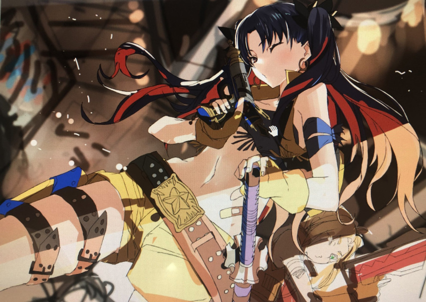 2girls, ahoge, alternate_costume, arm_strap, bandaid, bangs, belt, belt_buckle