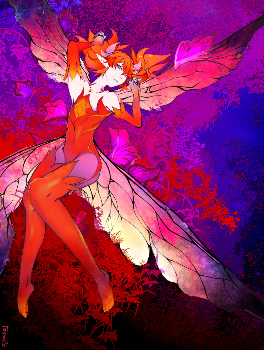 1girl, absurdres, arms_up, bare_shoulders, blue_eyes, butterfly_wings, collarbone, elbow_gloves