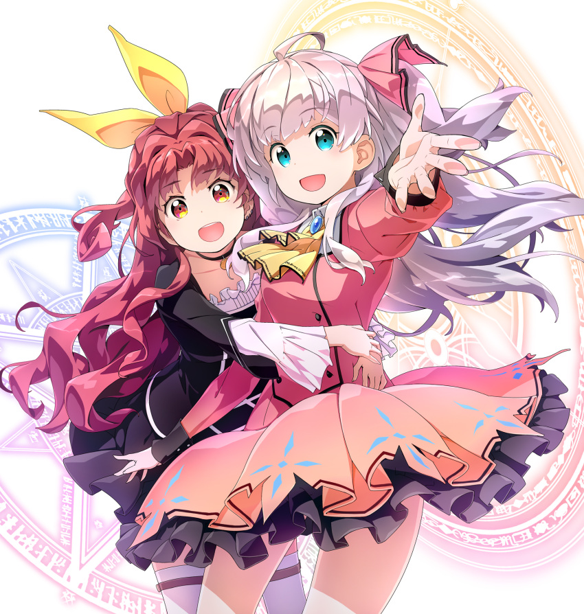 2girls, akata_itsuki, aqua_eyes, bow, breasts, brooch, choker, eyebrows