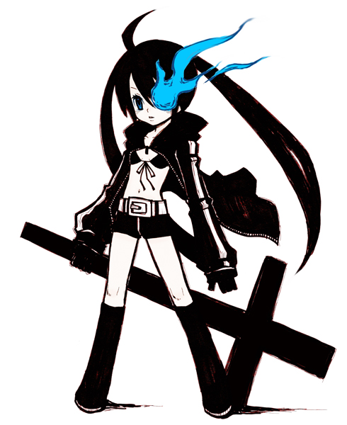 black_rock_shooter, black_rock_shooter_(character), blue_eyes, cape, cross, midriff, navel, shinigami_(gumsyrup)