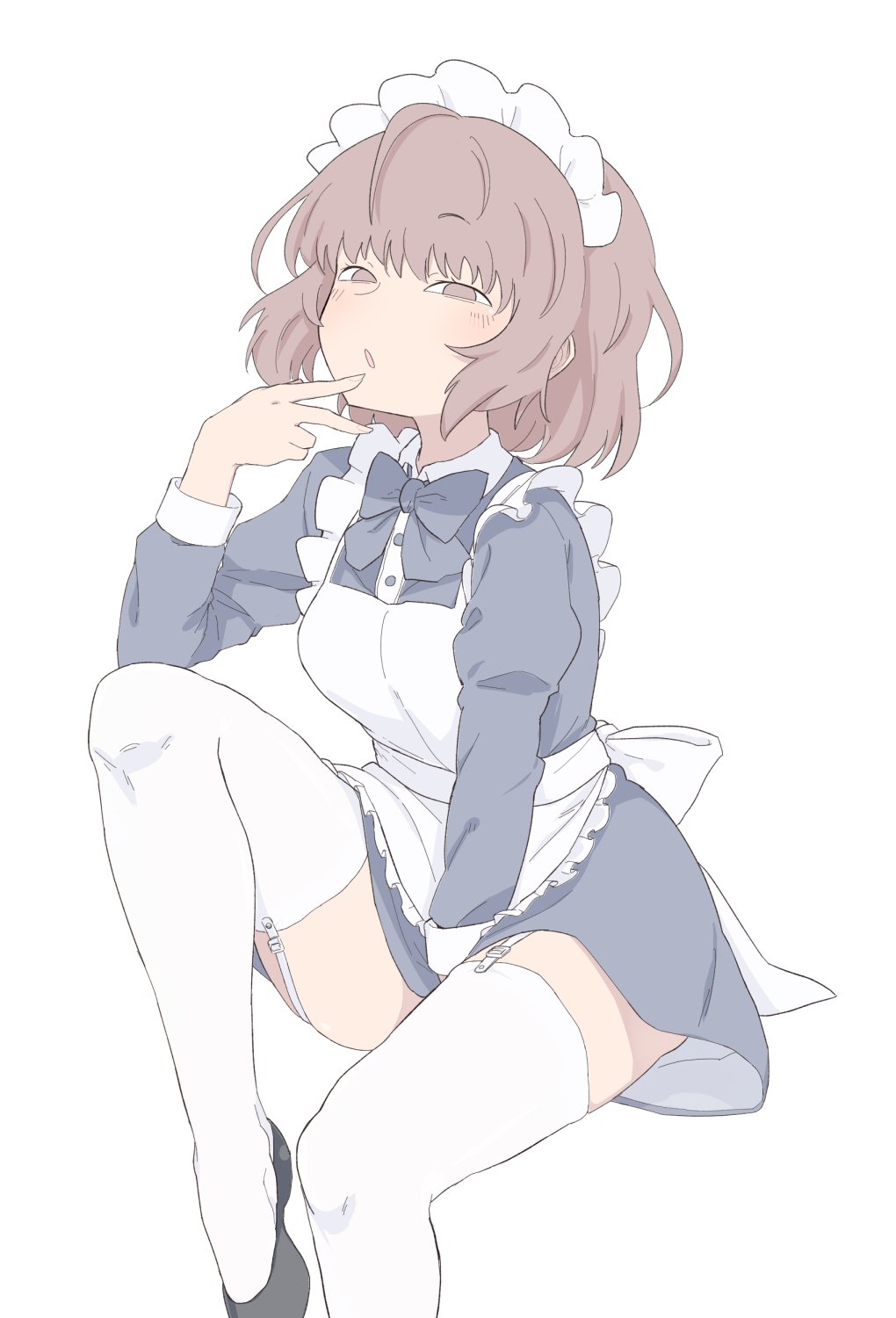 1girl, akita_(20033203), brown_eyes, brown_hair, commentary, garter_straps, highres, invisible_chair, leg_up, looking_at_viewer, maid, maid_headdress, original, short_hair, sitting, solid_circle_eyes, solo, thigh-highs, white_background, white_legwear