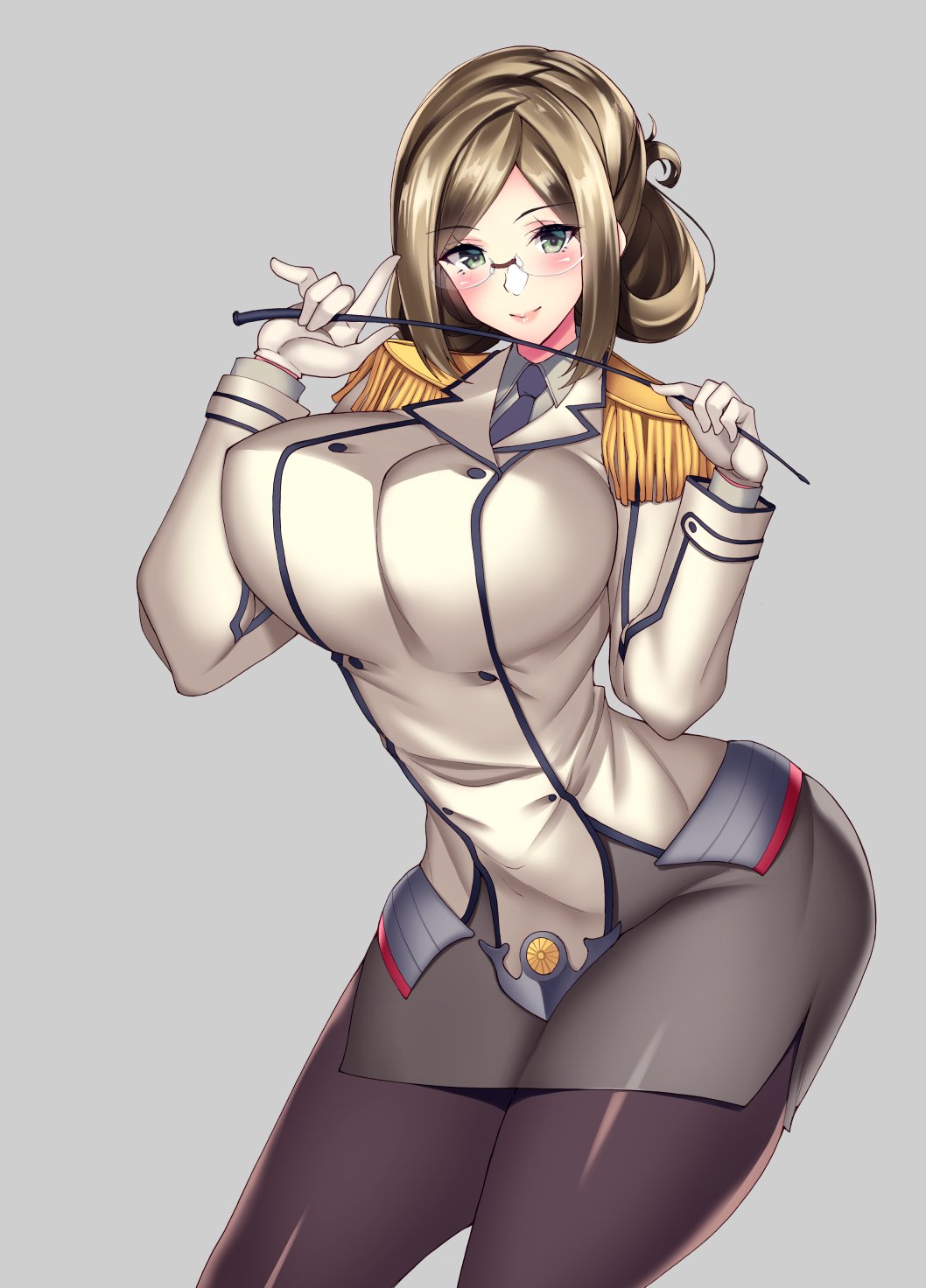 1girl, bangs, black_legwear, breasts, brown_hair, collared_shirt, commentary_request, contrapposto, cowboy_shot, double-breasted, epaulettes, folded_ponytail, glasses, gloves, green_eyes, grey_background, grey_skirt, highres, jacket, kantai_collection, katori_(kantai_collection), large_breasts, looking_at_viewer, military, military_uniform, necktie, pantyhose, parted_bangs, pencil_skirt, riding_crop, rimless_eyewear, shirt, simple_background, skirt, solo, standing, takeda_aranobu, uniform, white_gloves
