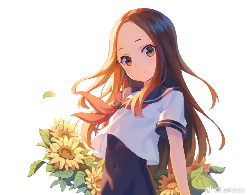 1girl, bodysuit, brown_eyes, brown_hair, covered_navel, flower, forehead, karakai_jouzu_no_takagi-san
