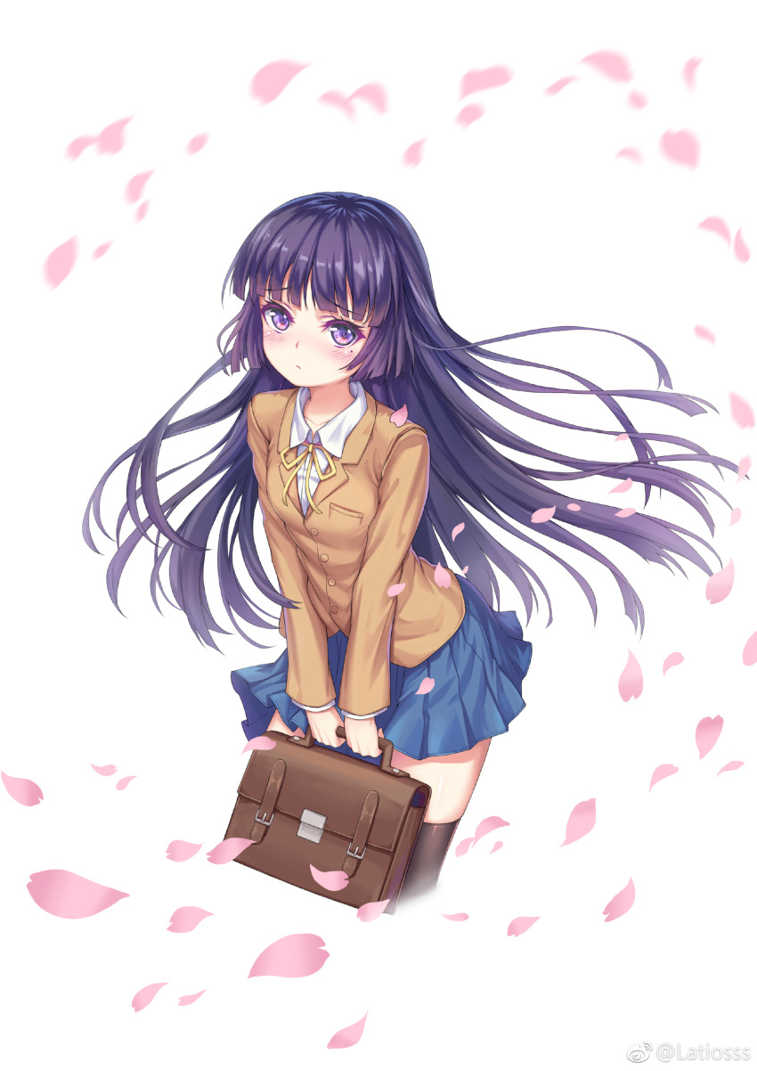 1girl, absurdres, bag, black_legwear, blazer, blue_skirt, brown_jacket, closed_mouth