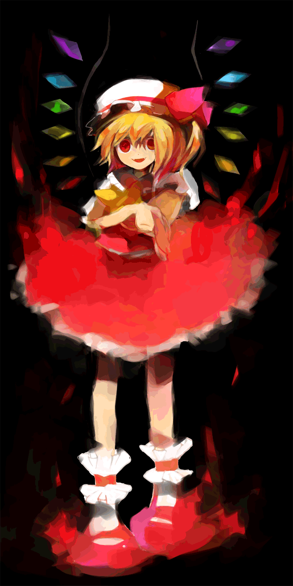 blonde_hair, fangs, flandre_scarlet, hat, highres, kitsuta, kizuta, red_eyes