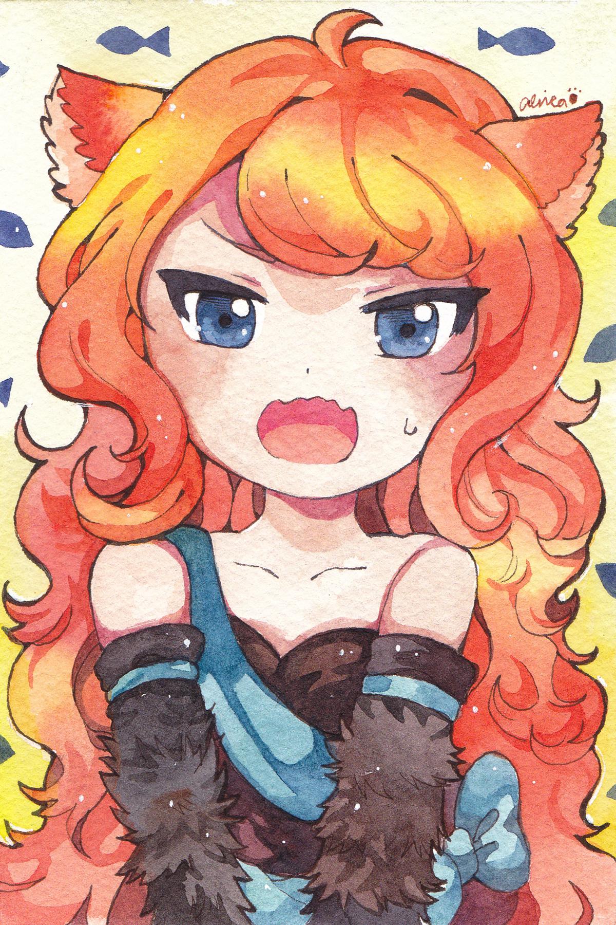 animal_ears, bare_shoulders, black_dress, blue_bow, blue_eyes, bow, cat_ears, dress
