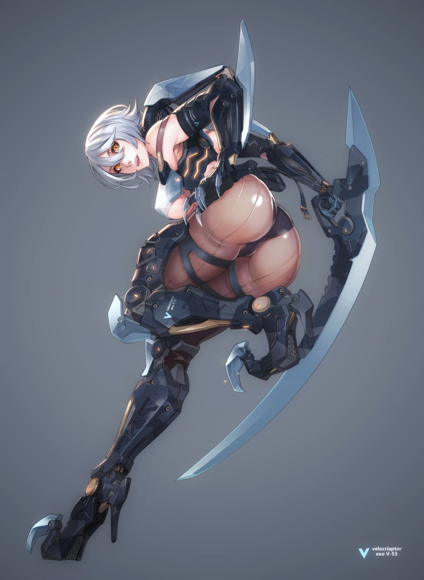 1girl, absurdres, ass, black_panties, blade, breasts, brown_eyes, character_name