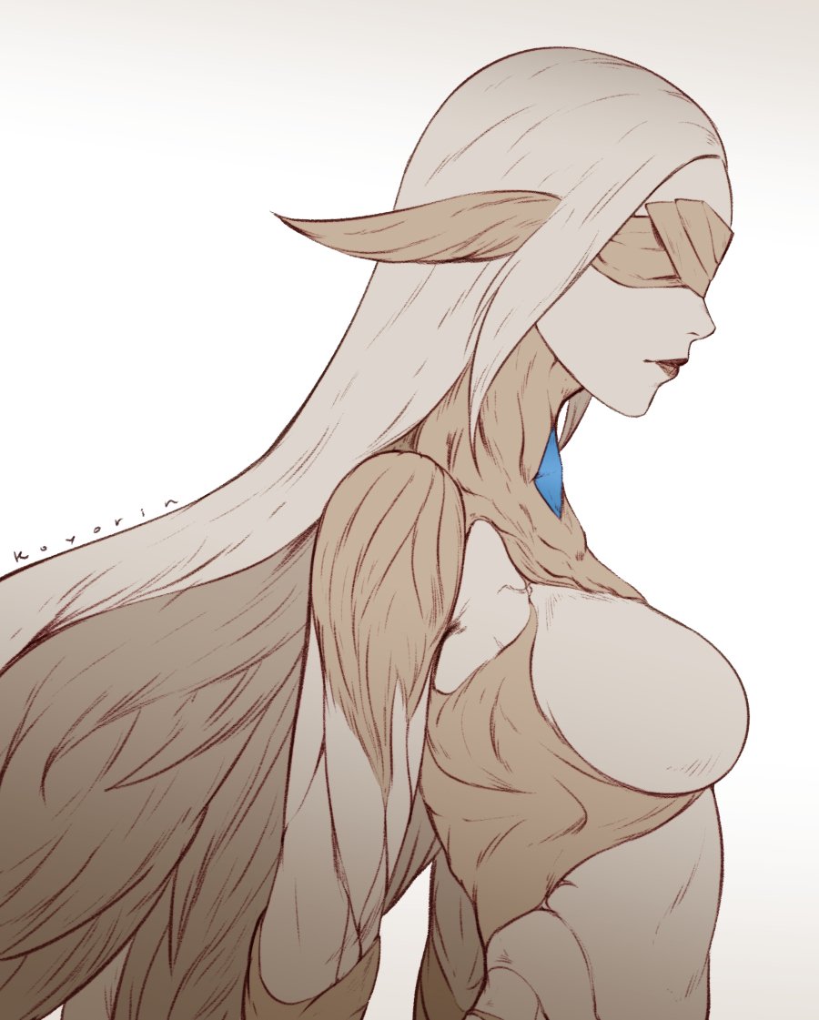 1girl, artist_name, blindfold, closed_mouth, cracked_skin, final_fantasy, final_fantasy_xiv, koyorin