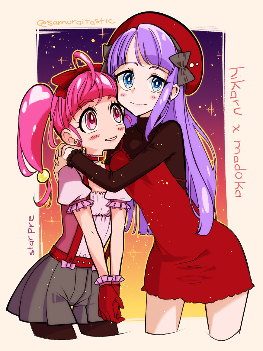 2girls, ahoge, bangs, blue_eyes, blunt_bangs, blush, bow, closed_mouth, dress, earrings, eyebrows_visible_through_hair, hair_bow, hair_ornament, hairband, hoshina_hikaru, jewelry, kaguya_madoka, long_hair, long_sleeves, looking_at_viewer, multiple_girls, pink_eyes, pink_hair, precure, purple_hair, red_bow, short_hair, smile, star, star_samurai, star_twinkle_precure, thigh-highs, twintails
