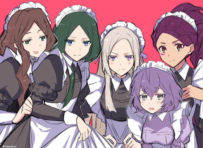 1boy, 4girls, alternate_costume, apron, bangs, bernadetta_von_varley, blue_eyes, blush