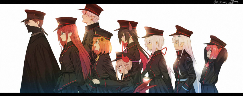 2boys, 6+girls, akabane_youko, arms_behind_head, bangs, belt, black_eyes, black_hair
