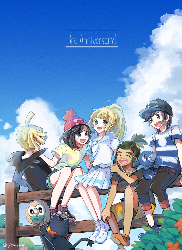 2girls, 3boys, anniversary, atsumi_yoshioka, baseball_cap, beanie, black_hair, blonde_hair