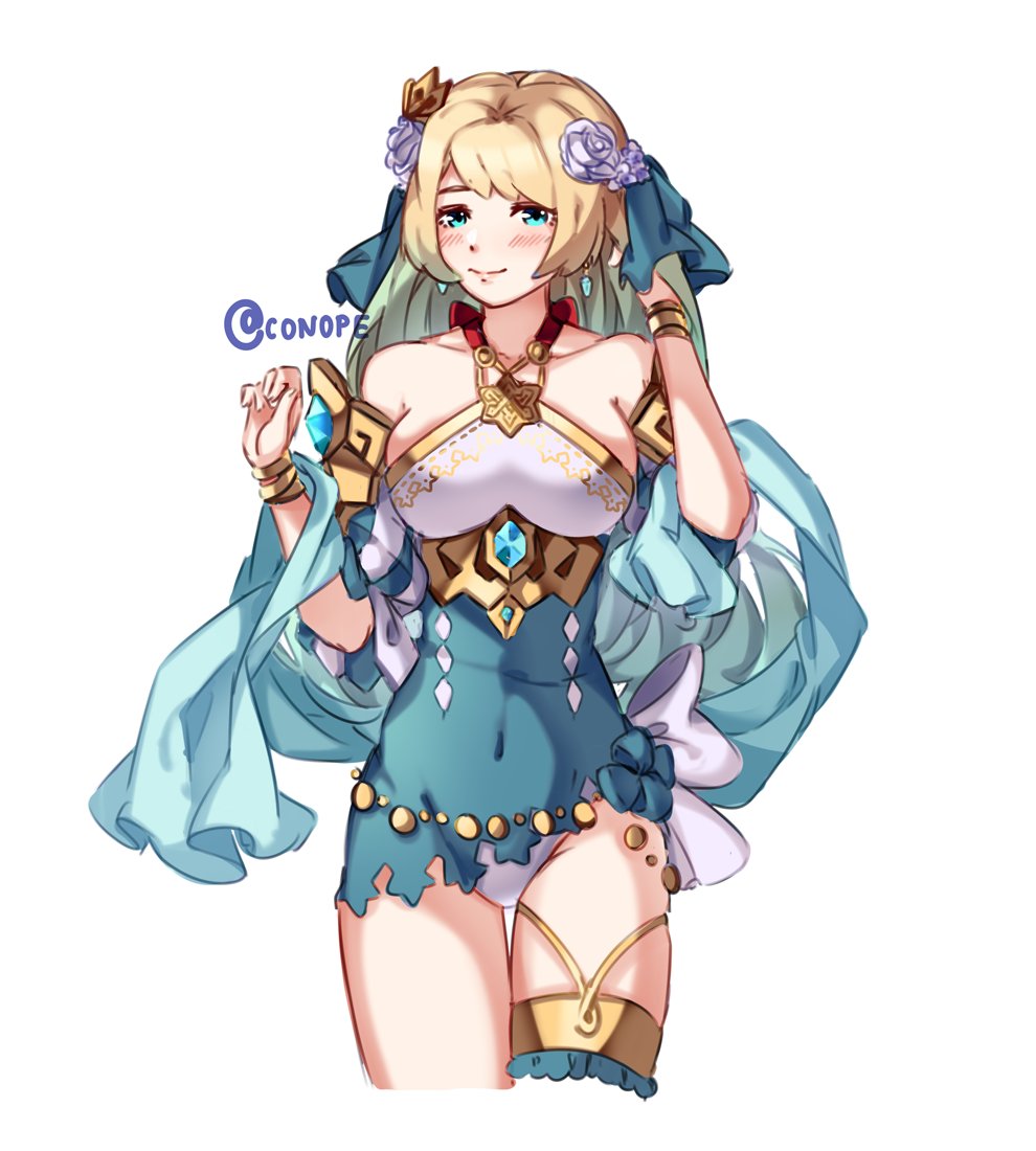 1girl, alternate_costume, blonde_hair, blue_eyes, bracelet, closed_mouth, conope, dress