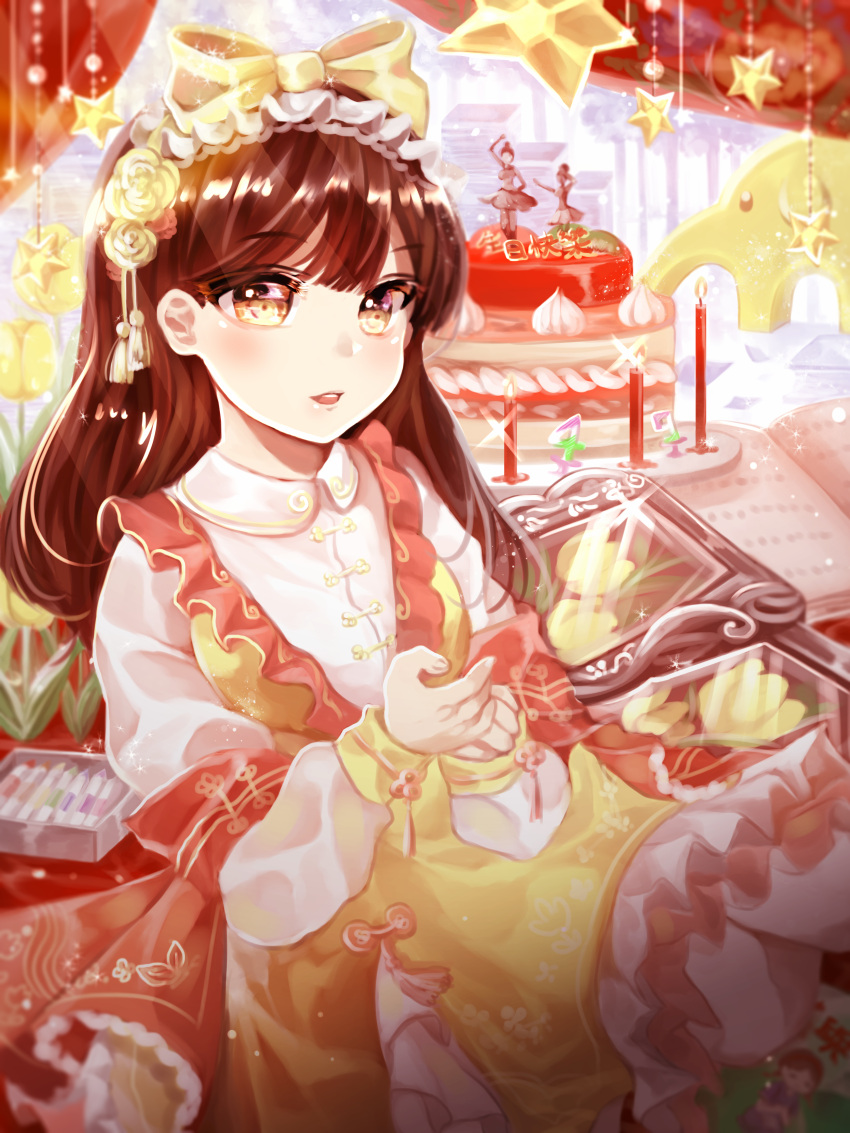 1girl, absurdres, bow, brown_eyes, brown_hair, cake, candle, devotion