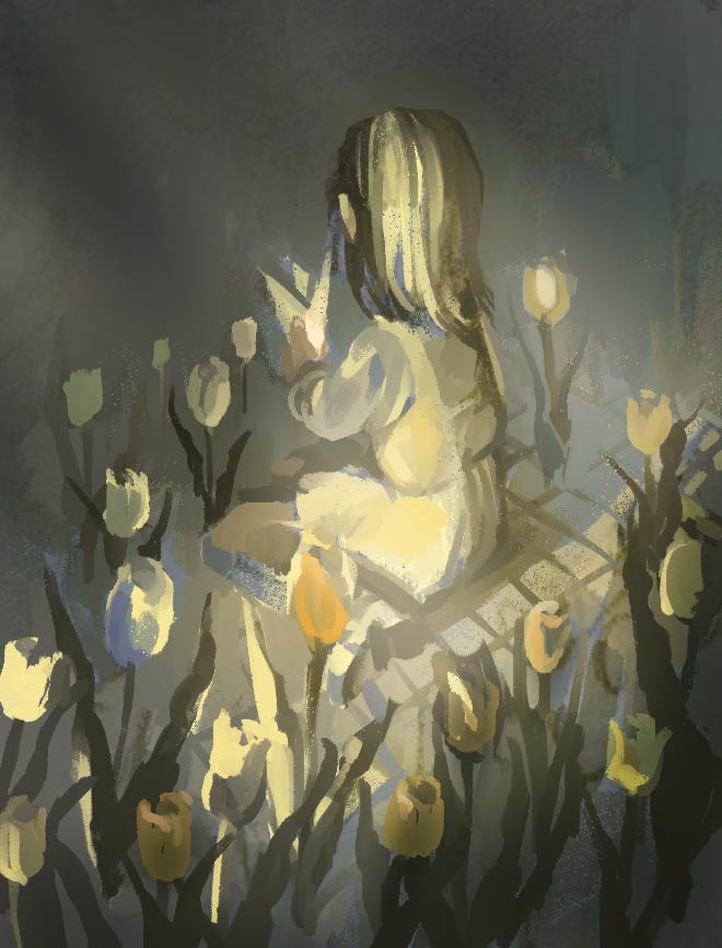 1girl, black_hair, devotion, dress, du_meishin, facing_away, flower, indoors