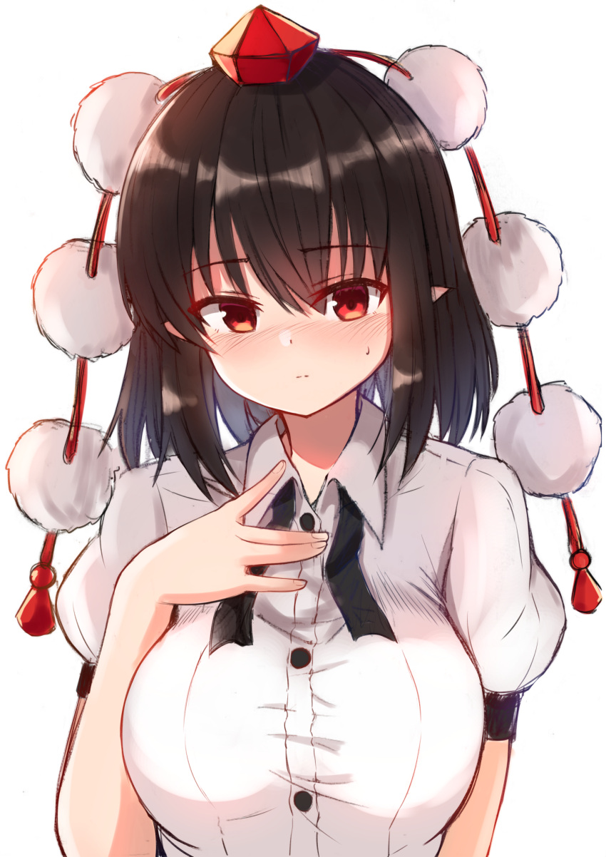 1girl, bangs, black_hair, black_neckwear, black_ribbon, blush, breasts, commentary_request, eyebrows_visible_through_hair, hair_between_eyes, hand_on_own_chest, hand_up, hat, highres, large_breasts, looking_at_viewer, neck_ribbon, partial_commentary, pointy_ears, pom_pom_(clothes), puffy_short_sleeves, puffy_sleeves, red_eyes, ribbon, shameimaru_aya, shirt, short_hair, short_sleeves, simple_background, solo, tassel, tksand, tokin_hat, touhou, upper_body, white_background, white_shirt