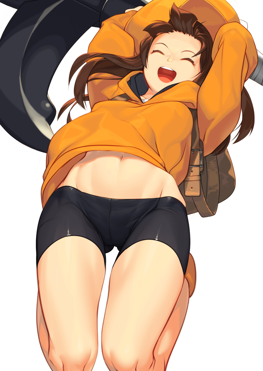 1girl, :d, ^_^, absurdres, akisa_(12023648), anchor, arms_up, backpack, bag, bike_shorts, breasts, brown_hair, closed_eyes, groin, guilty_gear, guilty_gear_strive, hat, highres, hip_focus, holding_anchor, jumping, long_hair, may_(guilty_gear), midriff_peek, navel, open_mouth, orange_footwear, orange_headwear, orange_hoodie, pirate, simple_background, small_breasts, smile, solo, tagme, thighs, white_background
