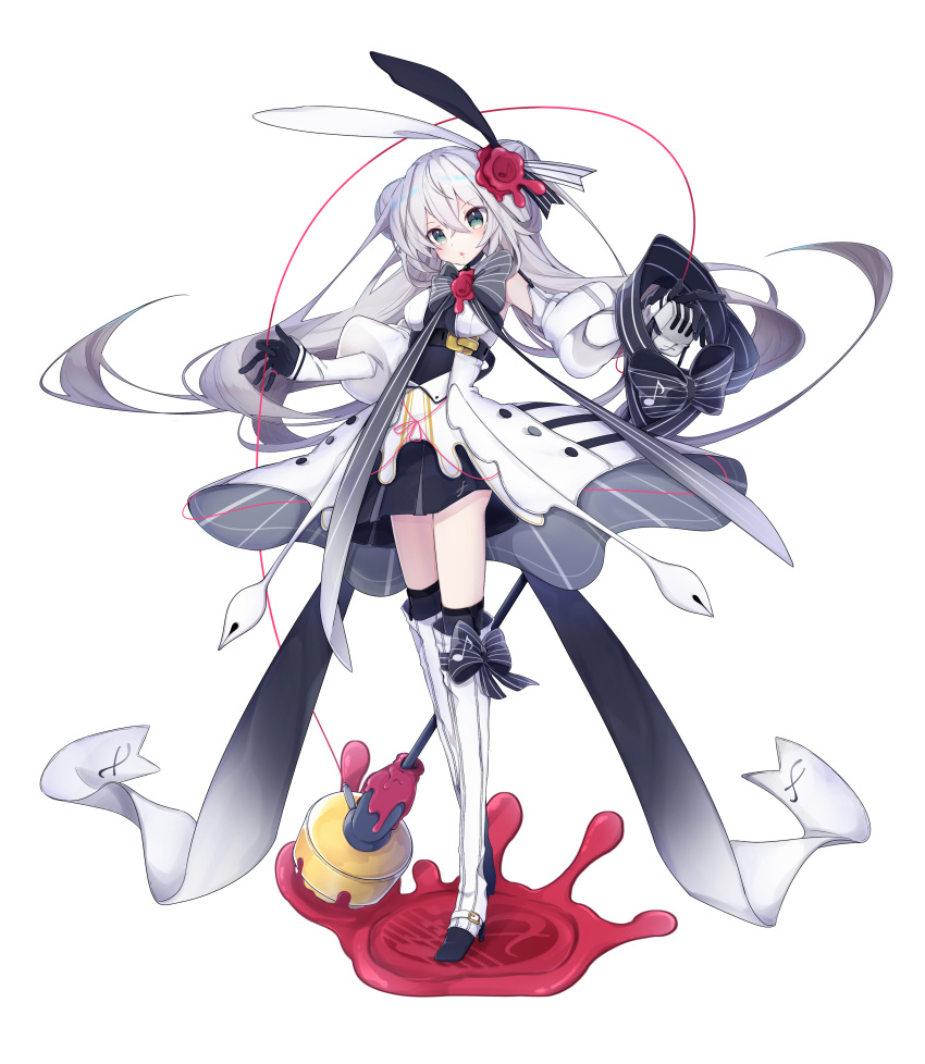1girl, absurdres, aqua_eyes, bangs, belt, black_gloves, black_skirt, blue_bow