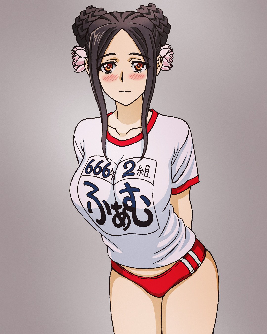 1girl, blush, breasts, double_bun, flower, graphite_(medium), gym_uniform, hair_flower, hair_ornament, harasyu1, highres, large_breasts, lips, long_hair, muvluv, muvluv_alternative, red_eyes, schwarzesmarken, shirt, short_shorts, shorts, t-shirt, traditional_media