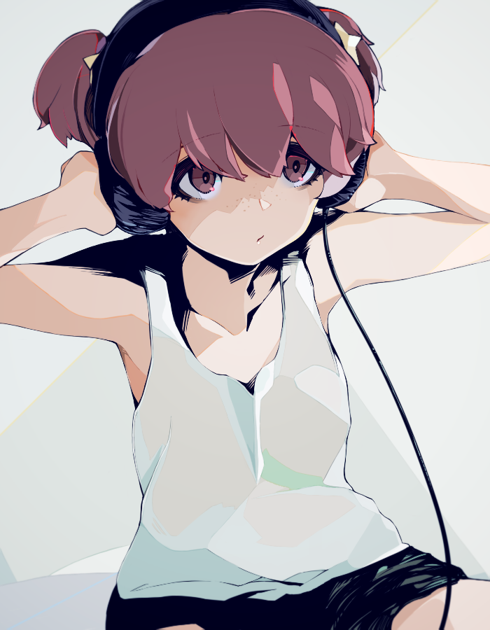 1girl, alisa_(girls_und_panzer), arms_up, bangs, black_shorts, brown_eyes, brown_hair, closed_mouth