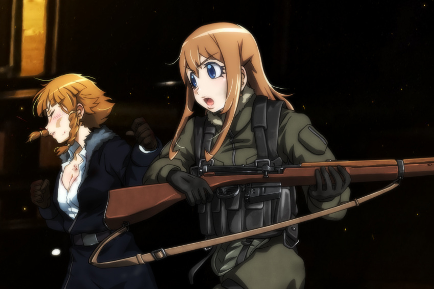 2girls, blush, breasts, genya_(genya67), gun, large_breasts, lips, long_hair