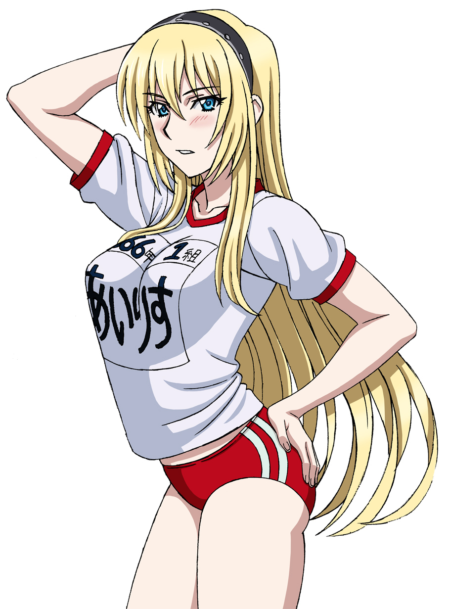 1girl, blonde_hair, blue_eyes, blush, breasts, buruma, graphite_(medium), gym_uniform