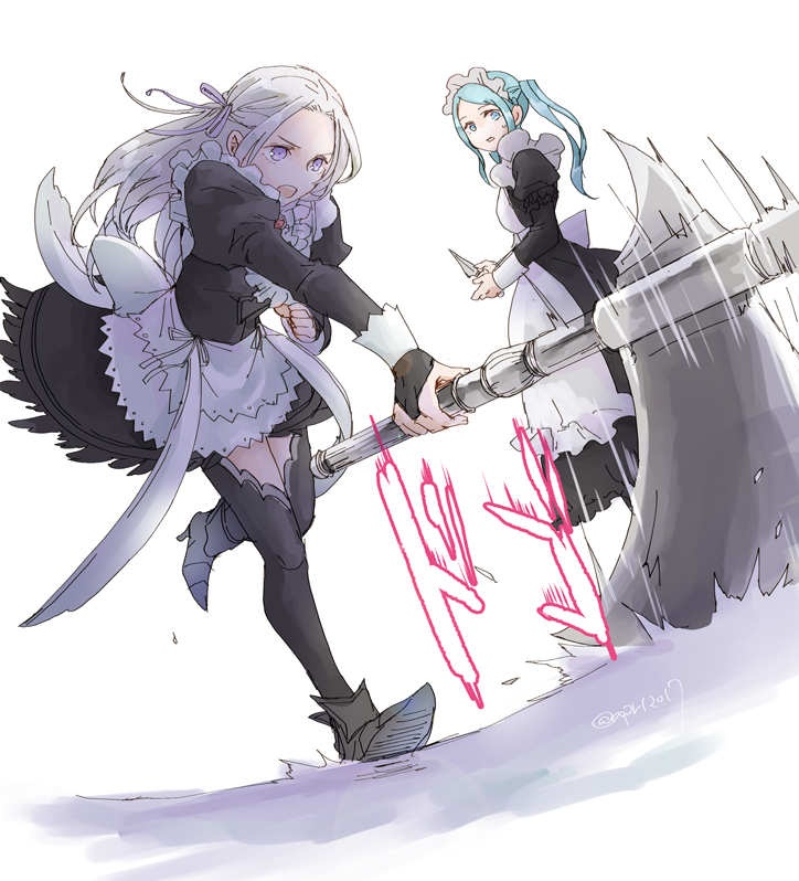 2girls, alternate_costume, axe, blue_eyes, blue_hair, cute, dagger, edelgard_von_hresvelg