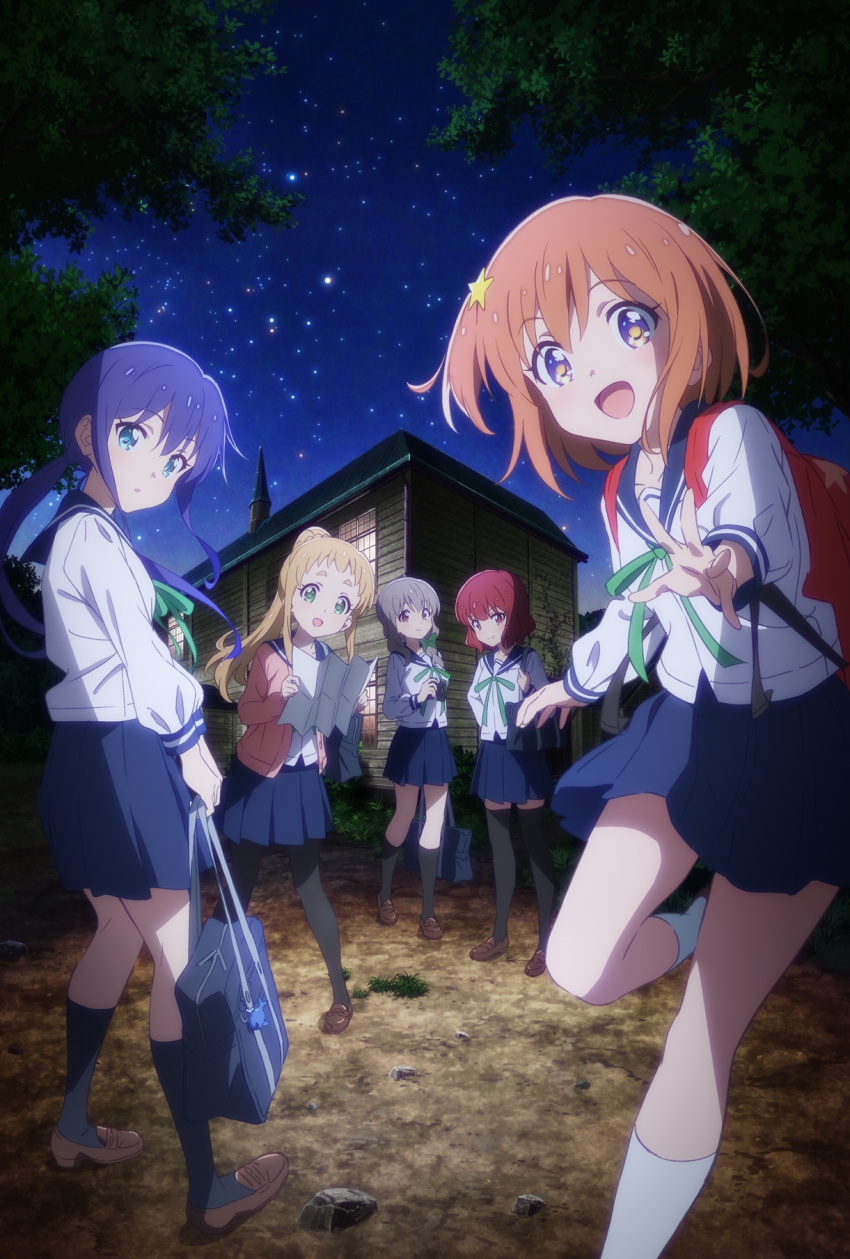 5girls, artist_request, bag, black_legwear, blue_sailor_collar, blue_skirt, bow, braid