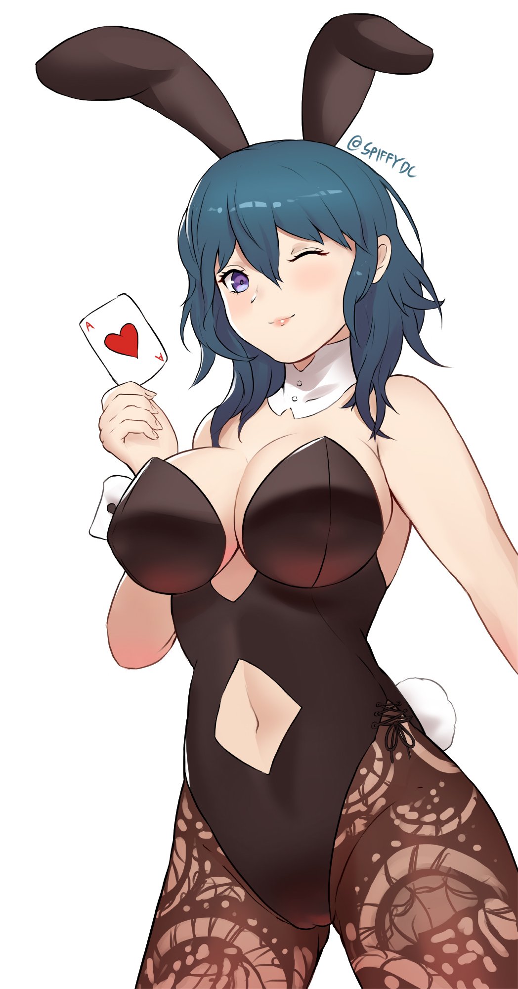 1girl, alternate_costume, animal_ears, blue_eyes, blue_hair, breasts, bunny_tail, bunnysuit