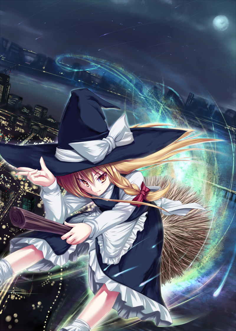 braid, broom, broom_riding, cityscape, date_hajime, hat, kirisame_marisa, moon