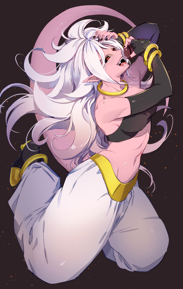 1girl, android_21, bare_shoulders, black_footwear, black_gloves, black_nails, black_sclera, bracelet, breasts, curly_hair, dark_background, dragon_ball, dragon_ball_fighterz, elbow_gloves, evil_grin, evil_smile, eyelashes, fingerless_gloves, fingernails, floating_hair, full_body, gloves, grin, hands_on_own_face, harem_pants, jewelry, libeuo_(liveolivel), light_particles, long_hair, majin_android_21, medium_breasts, midriff, navel, necklace, open_mouth, pants, pointy_ears, red_eyes, sharp_teeth, shiny, shiny_hair, simple_background, smile, solo, strapless, tail, teeth, tongue, tubetop, white_hair, white_pants
