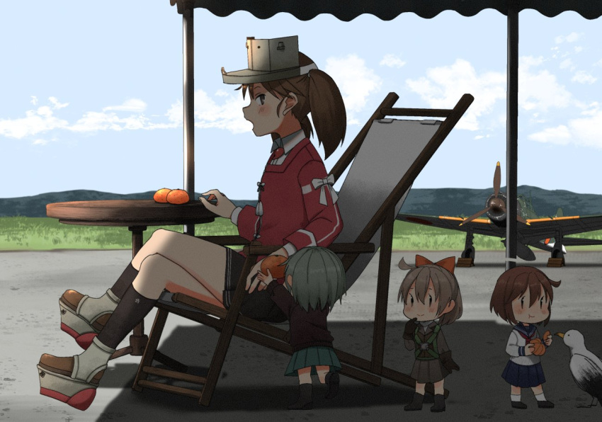 4girls, aircraft, aircraft_request, airplane, albatross, annin_musou, black_skirt, blue_sky