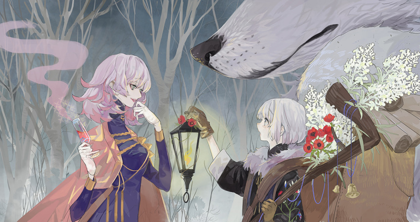 2girls, animal, bell, brown_gloves, cape, coar, commentary_request, cup, dog, fire, flower, fur, fur_collar, fur_trim, glass, gloves, grey_eyes, grey_hair, holding, holding_cup, holding_lantern, lantern, leather, leather_gloves, long_sleeves, looking_at_another, luyis16, medium_hair, multiple_girls, open_mouth, original, parted_lips, pixiv_fantasia, pixiv_fantasia_last_saga, red_flower, short_hair, standing, tree, upper_body, white_gloves