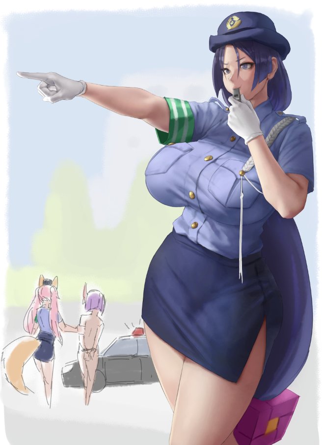 3girls, alternate_costume, animal_ears, ass, bangs, blue_shirt, blue_skirt, blush