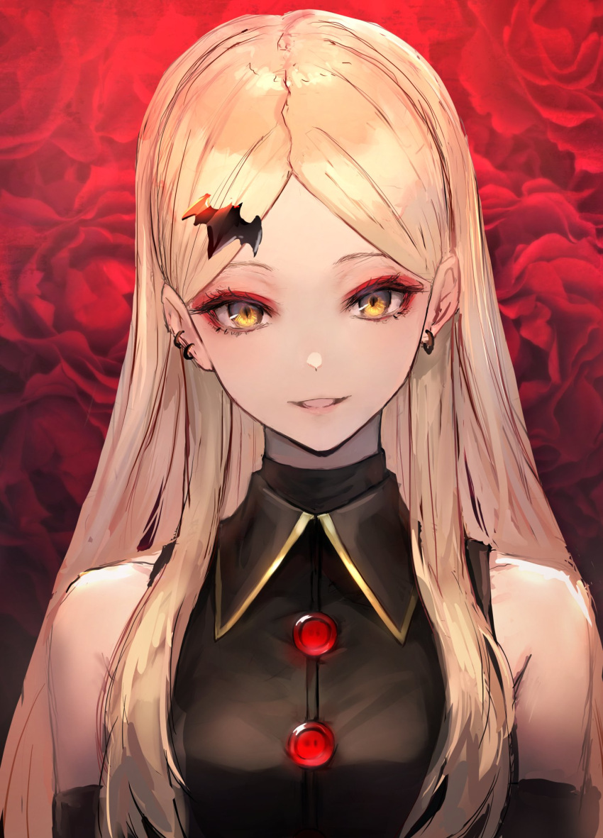 1girl, arahenas, bare_shoulders, bat_hair_ornament, blonde_hair, character_request, copyright_request, earrings