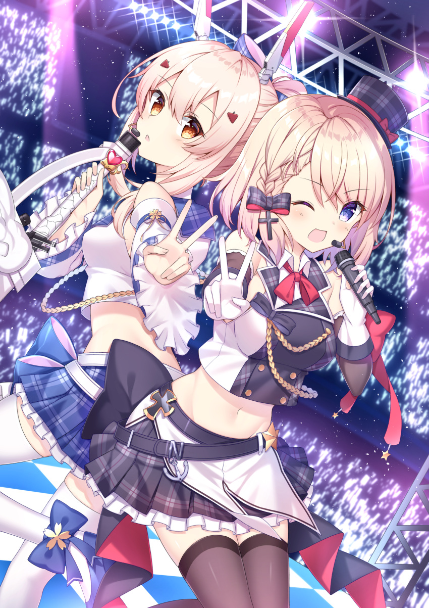 2girls, ;d, absurdres, arm_warmers, ayanami_(azur_lane), ayanami_(troubled_star_idol)_(azur_lane), azur_lane, bare_shoulders, belt, black_skirt, blonde_hair, blue_eyes, blue_footwear, blue_skirt, bow, breasts, brown_legwear, checkered, checkered_floor, crop_top, detached_sleeves, dutch_angle, frilled_skirt, frills, gloves, glowstick, hair_bow, hair_ornament, hat, headgear, highres, holding, holding_microphone, holding_sword, holding_weapon, idol, leg_up, long_hair, long_sleeves, looking_at_viewer, looking_back, medium_breasts, microphone, midriff, mini_hat, miniskirt, multiple_girls, navel, one_eye_closed, open_mouth, orange_eyes, plaid, plaid_skirt, pleated_skirt, ponytail, shirt, shoes, short_hair, skirt, sleeveless, sleeveless_shirt, smile, stage_lights, stomach, sword, takeg05, thigh-highs, top_hat, v, weapon, white_gloves, white_legwear, white_shirt, wide_sleeves, wing_collar, z23_(azur_lane), z23_(serious_idol_-_is_she_also_the_manager!?)_(azur_lane), zettai_ryouiki