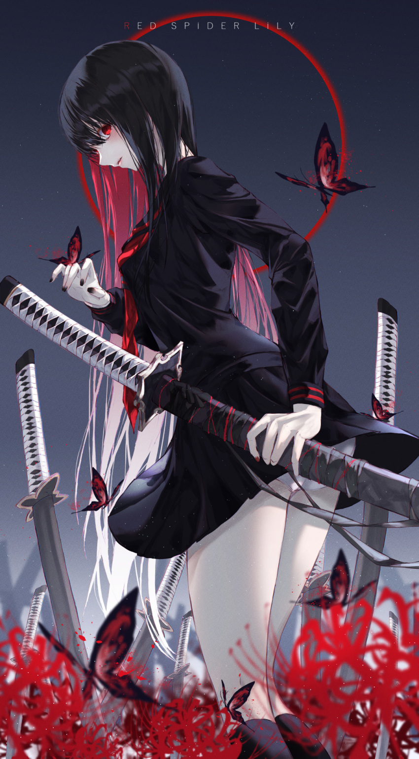 1girl, akame, akame_ga_kill!, black_hair, black_legwear, black_nails, bug, butterfly