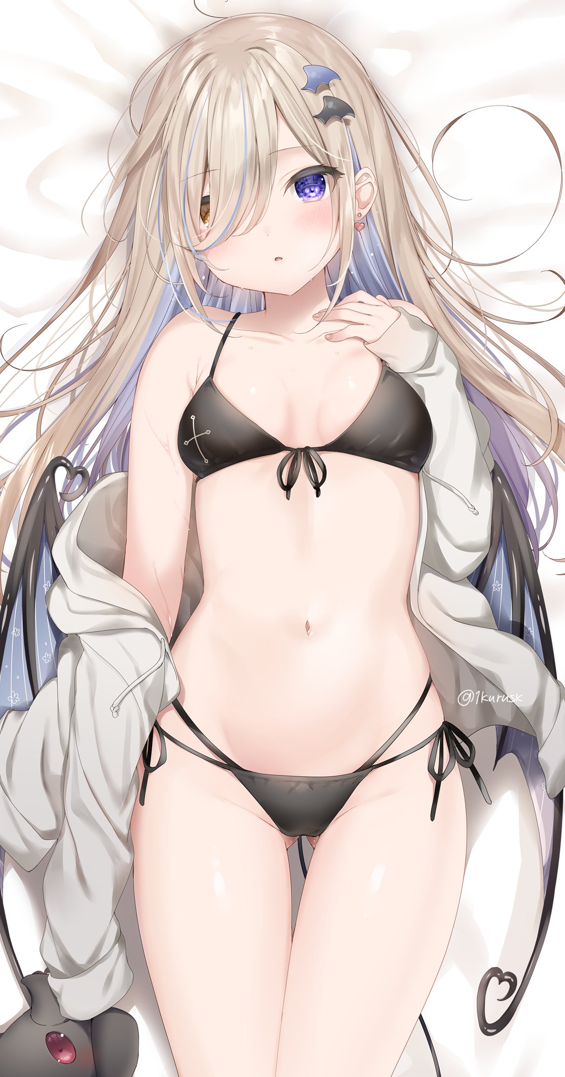 1girl, ass_visible_through_thighs, bangs, bare_shoulders, bed_sheet, bikini, black_bikini, blue_eyes