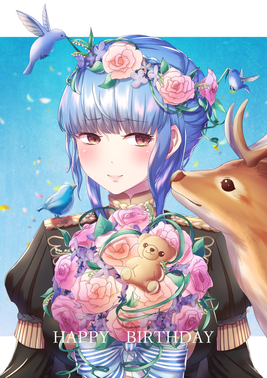 1girl, absurdres, bird, blue_hair, braid, brown_eyes, closed_mouth, crown_braid