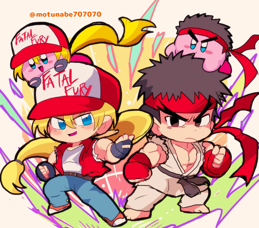2boys, 2others, baseball_cap, black_hair, blonde_hair, capcom, capcom_vs_snk, chibi, copy_ability, cosplay, denim, dougi, fatal_fury, fingerless_gloves, gloves, hair_down, hal_laboratory_inc., hat, highres, hoshi_no_kirby, human, jeans, kirby, kirby_(series), long_hair, looking_at_viewer, male_focus, motunabe707070, multiple_boys, nintendo, pants, pink_puff_ball, ponytail, ryuu_(street_fighter), snk, sora_(company), star, street_fighter, super_smash_bros., terry_bogard, terry_bogard_(cosplay), the_king_of_fighters, vest