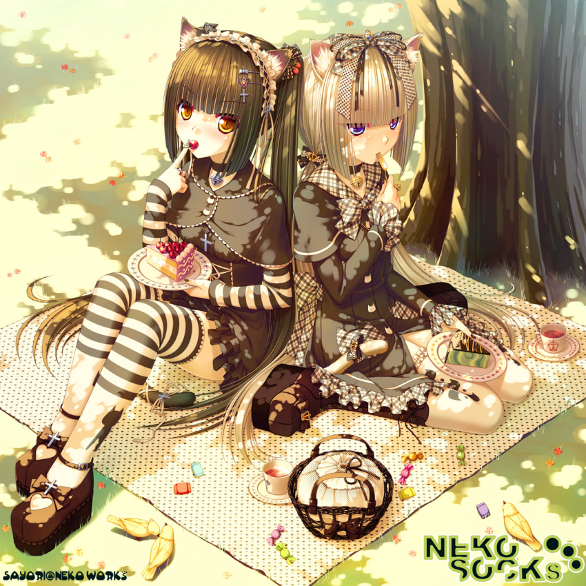 animal_ears, bell, blonde_hair, blue_eyes, bow, brown_hair, cake, candy