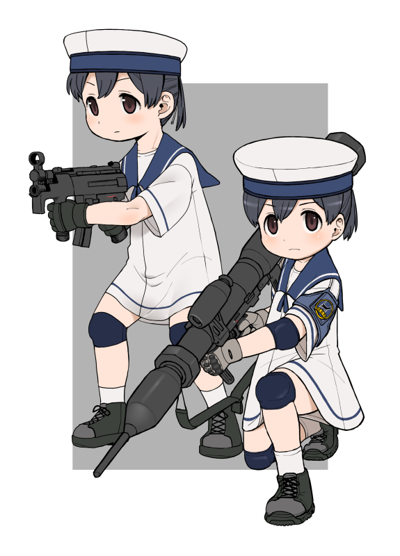 2girls, badge, black_footwear, black_gloves, blue_sailor_collar, border, dress, dual_persona