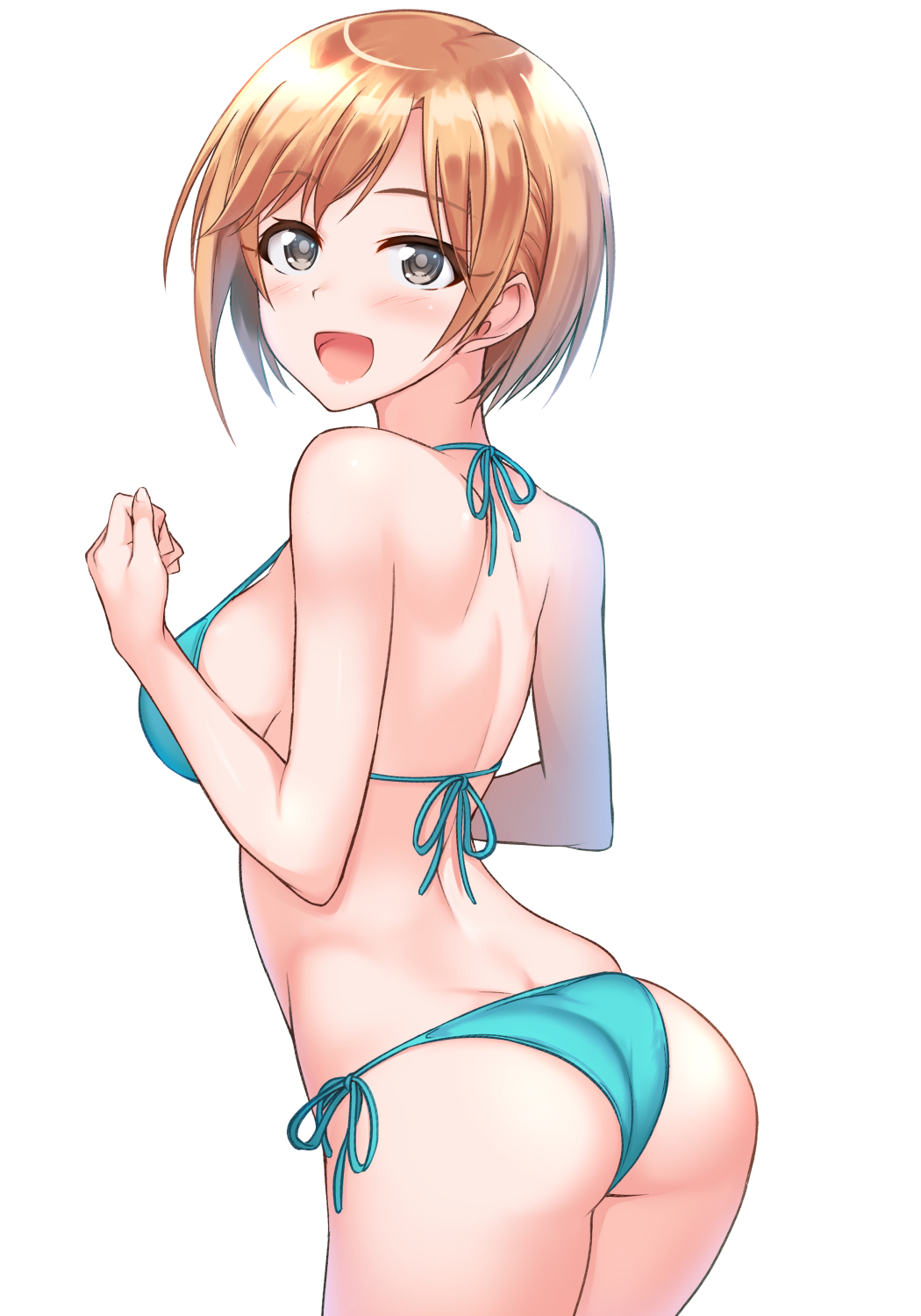 1girl, aiba_yumi, ass, bikini, blue_bikini, breasts, brown_eyes, brown_hair, commentary_request, cowboy_shot, highres, idolmaster, idolmaster_cinderella_girls, looking_at_viewer, open_mouth, shirota_mizuki, short_hair, sideboob, simple_background, smile, solo, standing, swimsuit, white_background