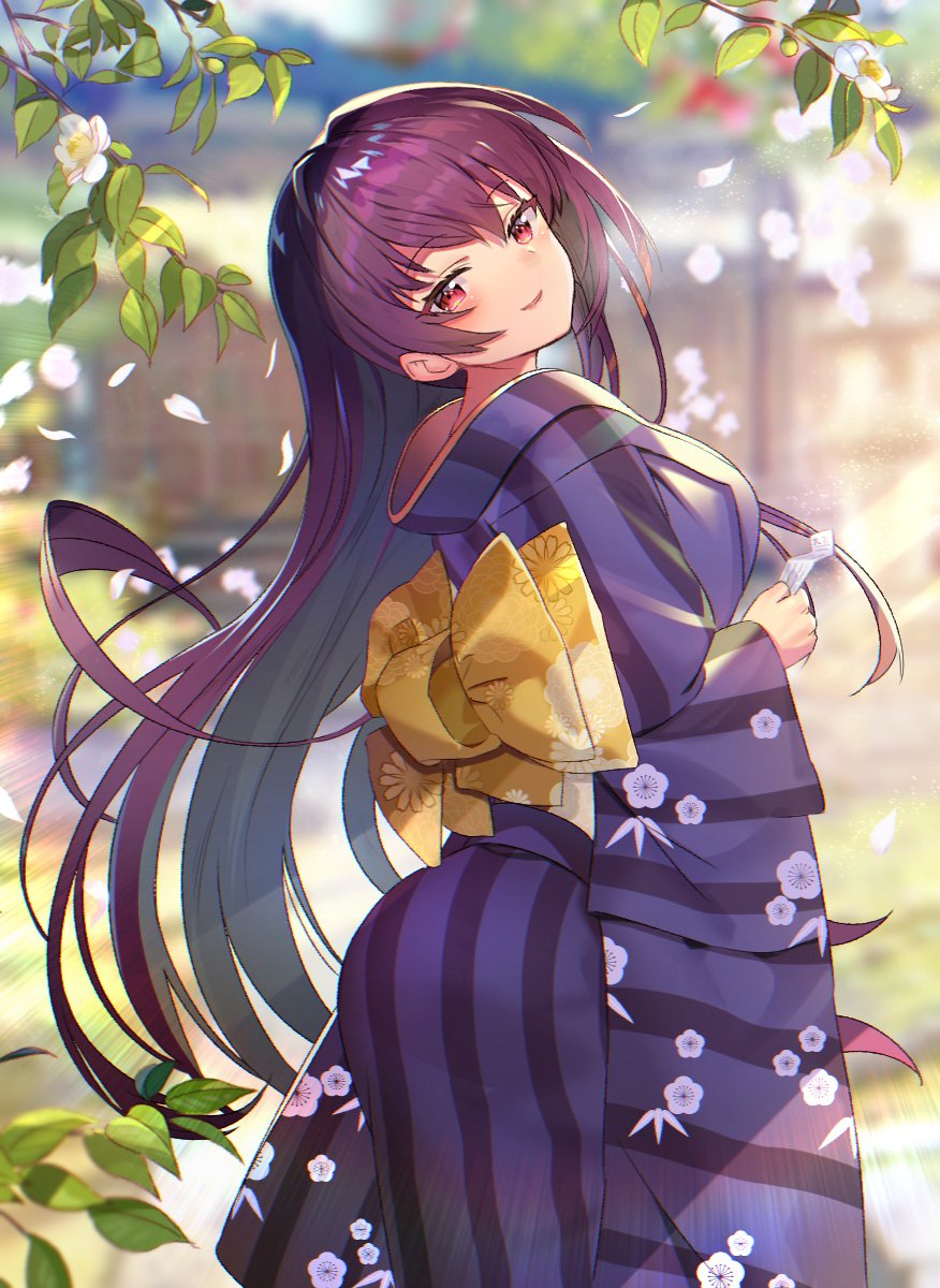 1girl, alternate_costume, architecture, blurry, blurry_background, breasts, cherry_blossoms, commentary_request