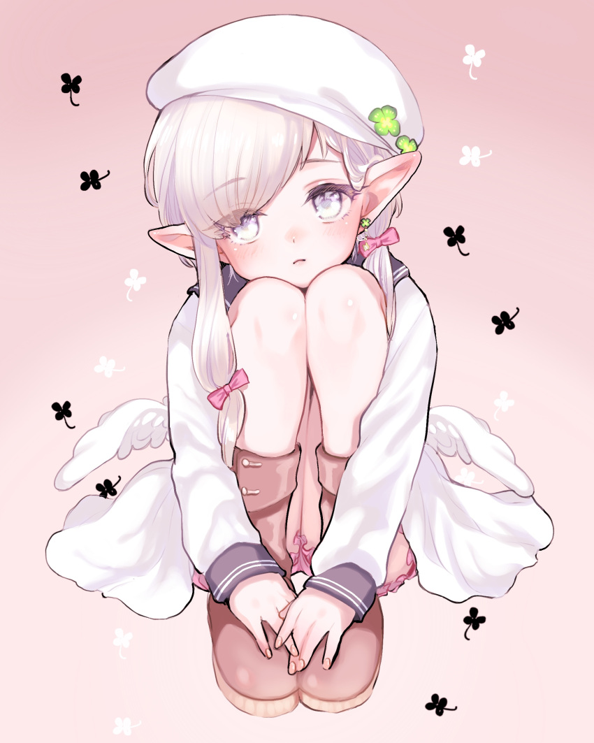 1girl, :<, absurdres, amezawa_koma, beret, bloomers, blush, boots, bow, clover, dress, ear_blush, earrings, elf, expressionless, eyebrows_visible_through_hair, fingernails, four-leaf_clover, four-leaf_clover_earrings, frills, full_body, gradient, gradient_background, hair_behind_ear, hair_bow, hair_ribbon, hat, hat_ornament, head_tilt, highres, jewelry, knees_up, leg_hug, long_hair, long_sleeves, looking_at_viewer, low_wings, nail_polish, original, own_hands_together, pink_bow, pointy_ears, ribbon, sailor_dress, sidelocks, sitting, solo, tress_ribbon, underwear, violet_eyes, white_eyes, white_hair, white_headwear, white_wings, wings
