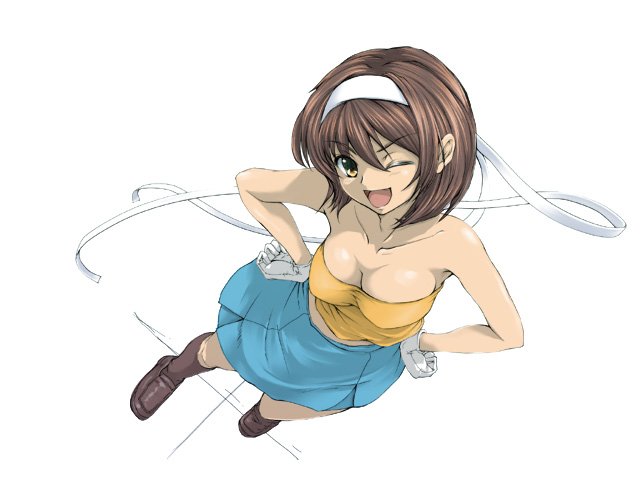 breasts, brown_hair, cleavage, f_(pixiv), f_(pixiv6215), fuji_(artist), gloves, hairband, hands_on_hips, kneehighs, short_hair, skirt, socks, suzumiya_haruhi, suzumiya_haruhi_no_yuuutsu, tube_top, tubetop, wink, yellow_eyes