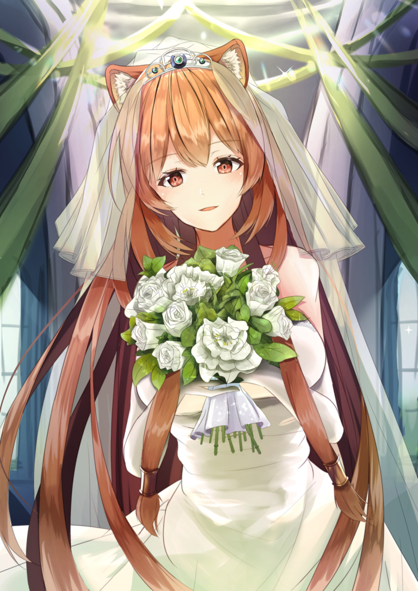 1girl, animal_ear_fluff, animal_ears, banzai_mon, bare_shoulders, blush, bouquet, bridal_veil, brown_eyes, brown_hair, commentary_request, dress, elbow_gloves, eyebrows_visible_through_hair, flower, gloves, hair_between_eyes, highres, long_hair, looking_at_viewer, raccoon_ears, raccoon_girl, raphtalia, sleeveless, sleeveless_dress, solo, tate_no_yuusha_no_nariagari, tiara, veil, very_long_hair, wedding_dress, white_dress, white_flower, white_gloves