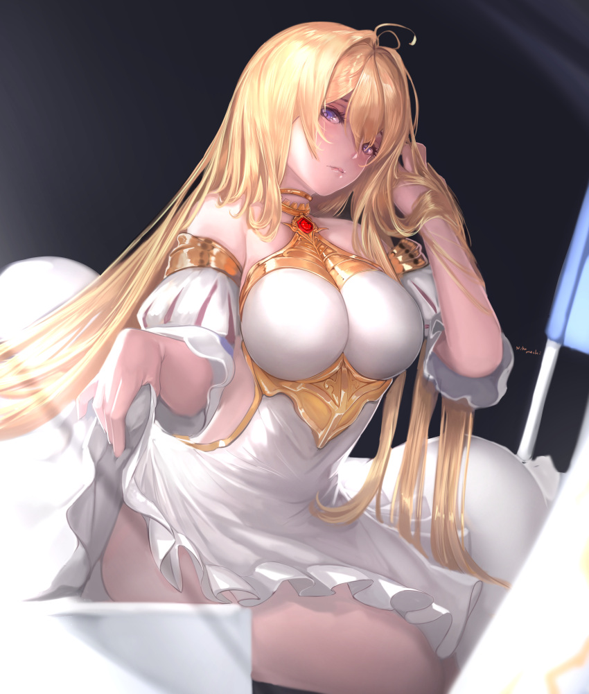 1girl, absurdres, bare_shoulders, black_background, blonde_hair, breasts, choker, detached_sleeves, dress, dress_lift, granblue_fantasy, hair_between_eyes, hair_intakes, highres, impossible_clothes, jeanne_d'arc_(granblue_fantasy), large_breasts, long_hair, simple_background, sitting, solo, violet_eyes, white_dress, youximiaomiao
