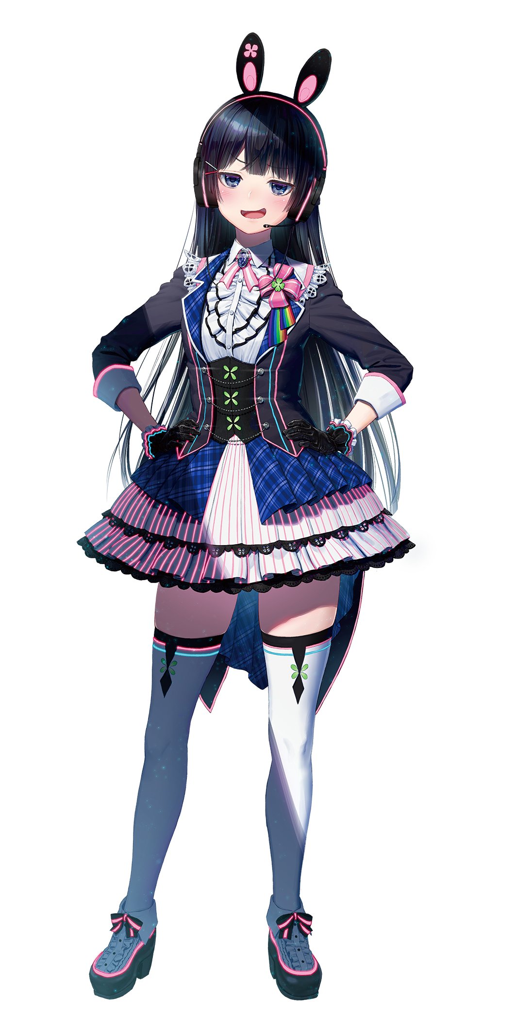 1girl, animal_ear_headphones, bangs, black_eyes, black_gloves, black_hair, black_jacket, clover
